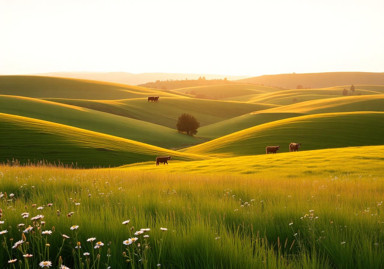 Rolling green European farmland at golden hour with cattle grazing