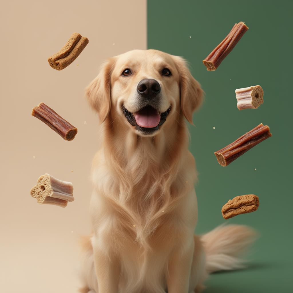 Happy golden retriever with floating natural dog treats