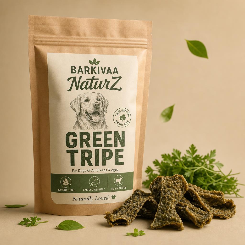 Barkivaa NaturZ Green Tripe pouch with dried tripe pieces and fresh herbs