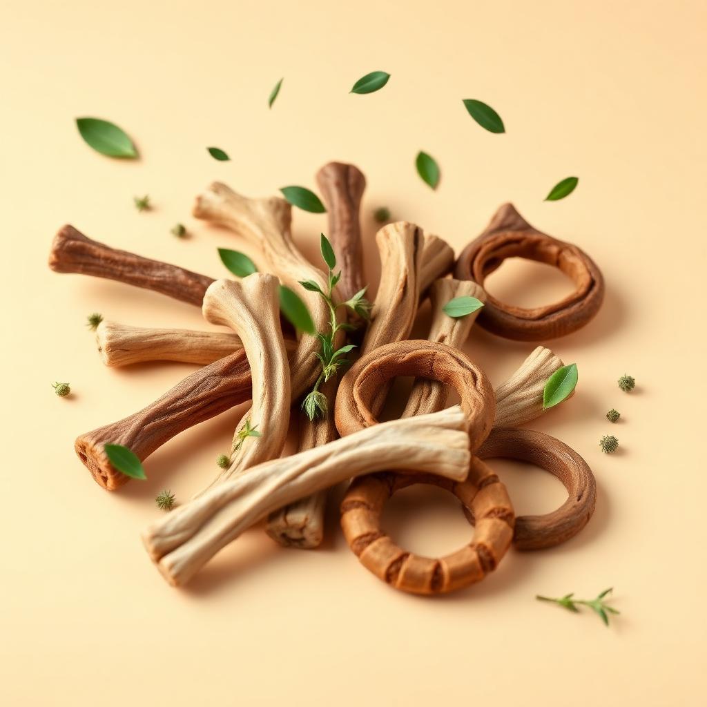 Assortment of single-ingredient natural dog chews with fresh herbs